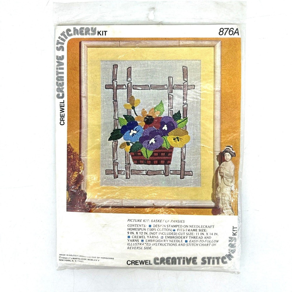 VTG Vogart Crewel Creative Stitchery Kit Basket of Flowers Pansies 9" x 12"‎ NEW